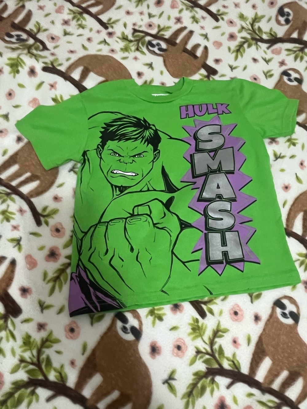 Marvel Bright Green Hulk SMASH Graphic Tee with Purple Accents -size 6T